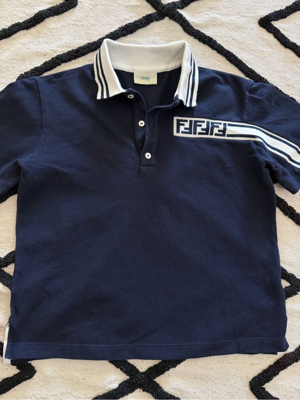Fendi Boys Navy Polo with White Striped Collar and Chest Logo
